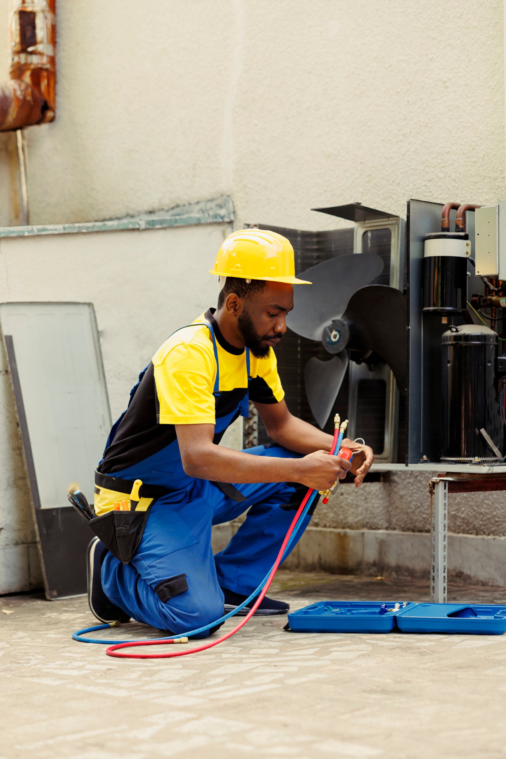 Superior Comfort technician assembling a residential HVAC system using manifold gauges