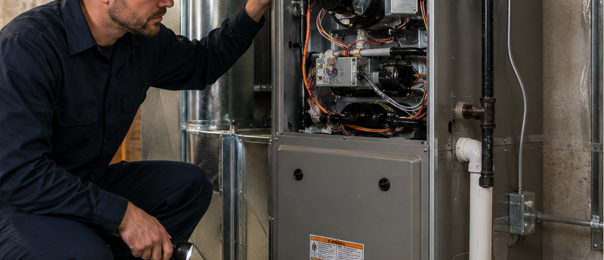 Professional HVAC technician inspecting a newly installed furnace in a residential basement