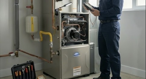 Modern high-efficiency furnace being installed in a clean mechanical room