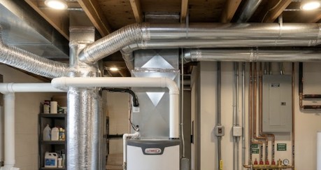 a residential utility room with a newly installed high-efficiency gas furnace