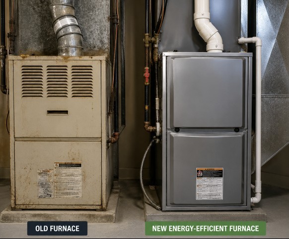 Old furnace positioned next to a new energy-efficient furnace in a utility room