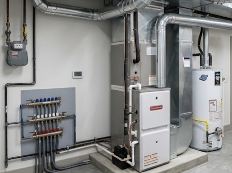 Clean HVAC system with metal ductwork and modern furnace unit, organized utility room