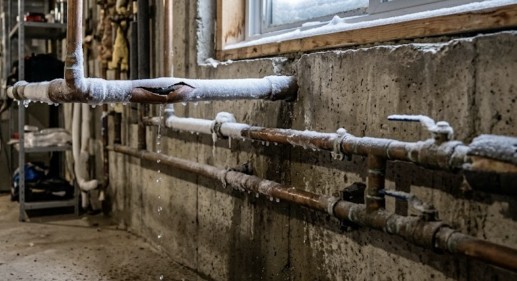 A residential basement in winter with exposed copper pipes covered in frost, one pipe showing a visible crack and small water leak