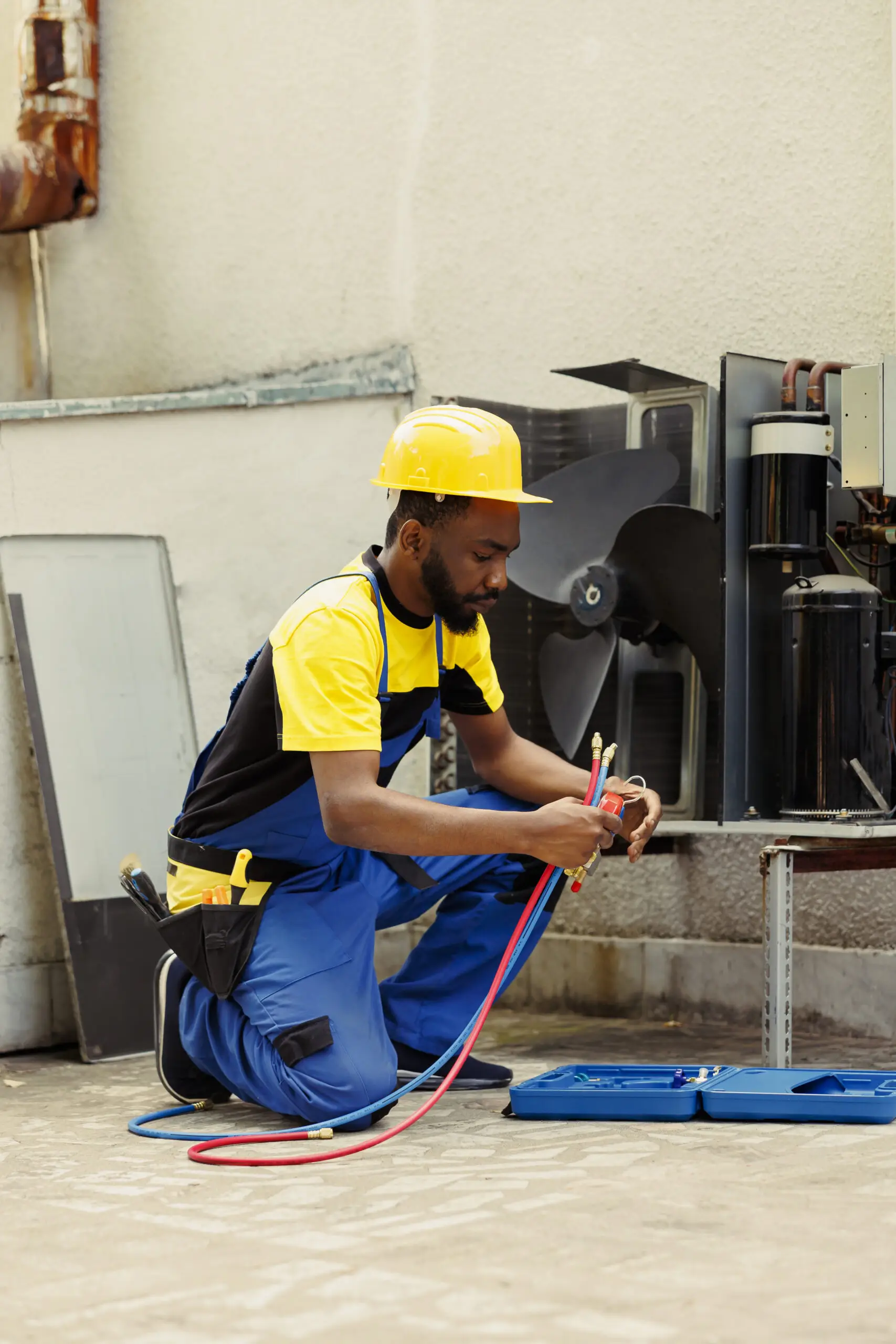Superior Comfort technician assembling a residential HVAC system using manifold gauges